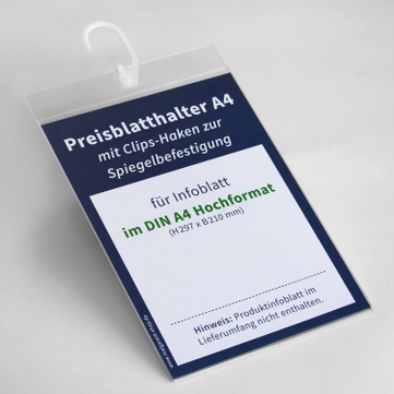 Preisblatthalter A4 mit Clips-Haken zur Spiegelbefestigung, aus Acrylglas 