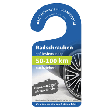 Spiegelanhänger Radschrauben nach 50-100 km nachziehen (VPE 50 Stück) 