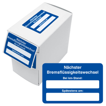 Kundendienst-Etikett nächster Bremsflüssigkeitswechsel in Spenderbox 