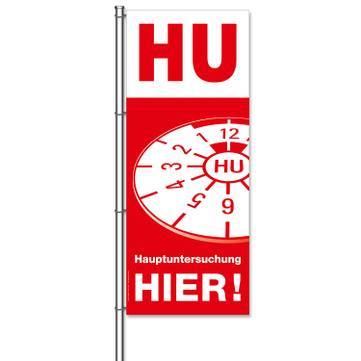 Fahne: HU hier Hauptuntersuchung / HU hier !  H 300 x B 120cm