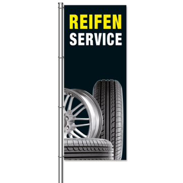 Fahne Reifenservice Motiv mit Fotos von Reifen und Felgen  H 300 x B 120cm