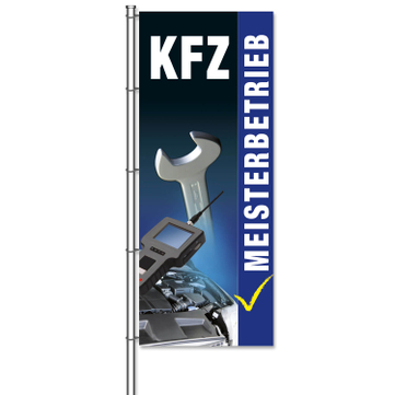 Fahne KFZ-Werkstatt Motiv: KFZ-Meisterbetrieb mit Bilder  H 375 x B 150cm