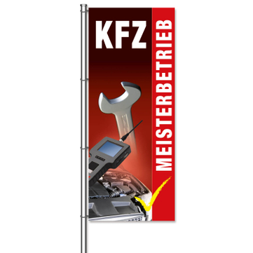 Fahne KFZ-Werkstatt Motiv: KFZ-Meisterbetrieb mit Bilder  H 300 x B 120cm