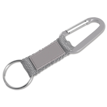 Schlüsselanhänger mit Karabinerhaken, Nylonband mit Kunstleder-Pad Silber
