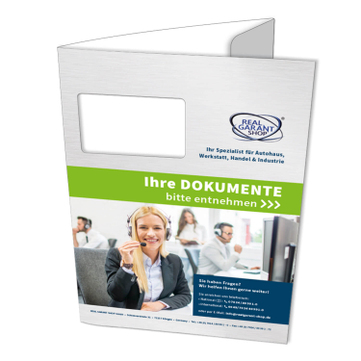 Präsentationsmappe mit Fensterstanzung, Visitenkartenlasche und Individualdruck 