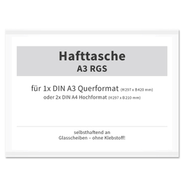 Hafttasche A3 RGS: für 2x DIN A4 nebeneinander oder 1x A3: haftet auf Glas 