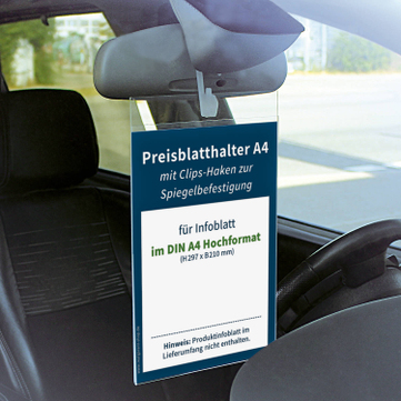 Preisblatthalter A4 mit Clips-Haken zur Spiegelbefestigung, aus Acrylglas 
