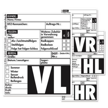 Rad-/Reifenaufkleber 4-fach Satz: Reifenetiketten VL/VR/HL/HR (100 x 4-fach Sätze) 