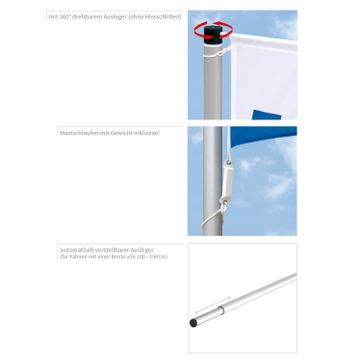 Fahnenmast: H 7,5 m Silver Star 3: Ø 76 mm, mit Bodenhülse + drehbarem Ausleger 7,5 m / Ø 76 mm