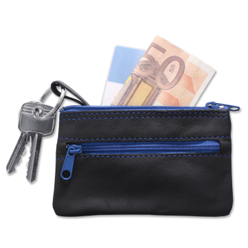 Schlüsseltasche Colo 2 Fächer, mit blauen Reißverschlüssen  Schwarz/Blau