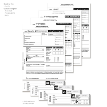 Reifeneinlagerung 4-fach Formular, mit 4 Reifenetiketten 25 Sätze je Block 