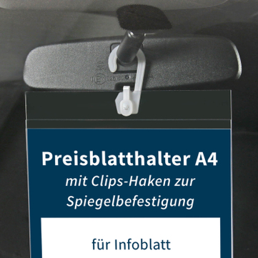 Preisblatthalter A4 mit Clips-Haken zur Spiegelbefestigung, aus Acrylglas 
