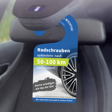 Spiegelanhänger Radschrauben nach 50-100 km nachziehen (VPE 50 Stück) 