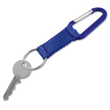 Schlüsselanhänger mit Karabinerhaken, Nylonband mit Kunstleder-Pad Blau