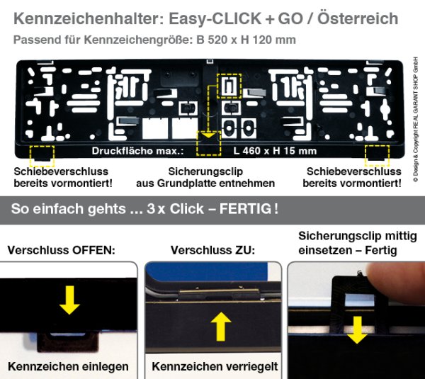 Kennzeichenhalter Easy-Click & Go: mit Schiebeverschlüssen (für Österreich)  Schwarz
